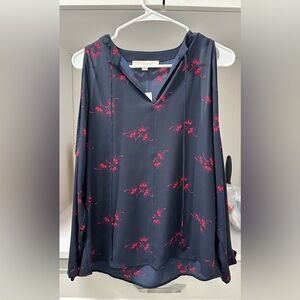 LOFT Navy Blouse with Pink Floral Design